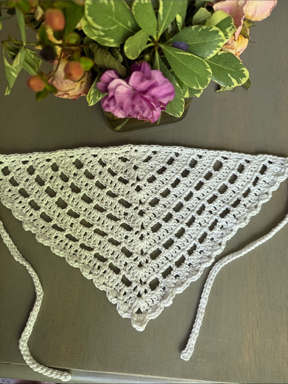 Crochet Bandana Hair Scarf in White Boho Festival Cottage Core 100% Cotton